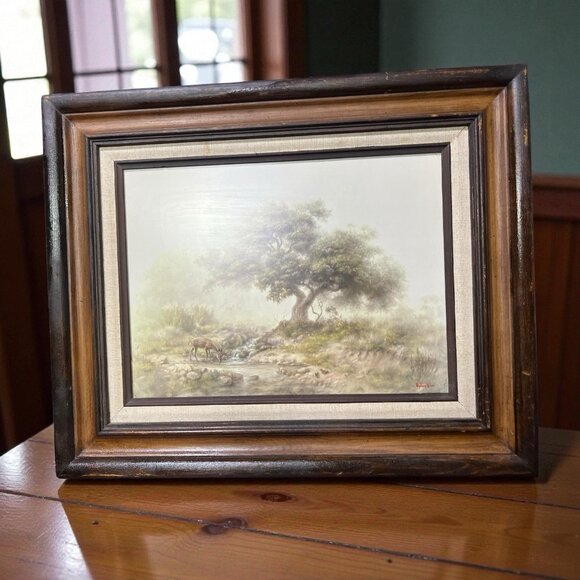 Vintage Dalhart Windberg Wood Framed Print 18x16 Deer And Tree 1970 - Picture 1 of 7